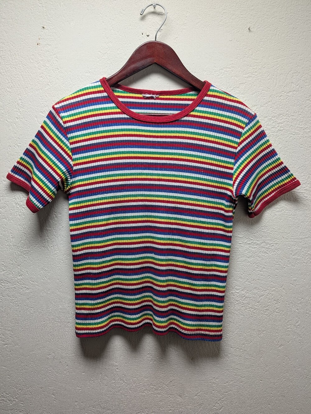 Vintage 70s Style Rainbow Striped Ribbed Knit Tee Ringer T-Shirt Women's No Size